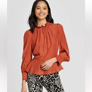 Who What Wear Target Burnt Brick Orange Long Sleeve Peplum Ruffle Blouse